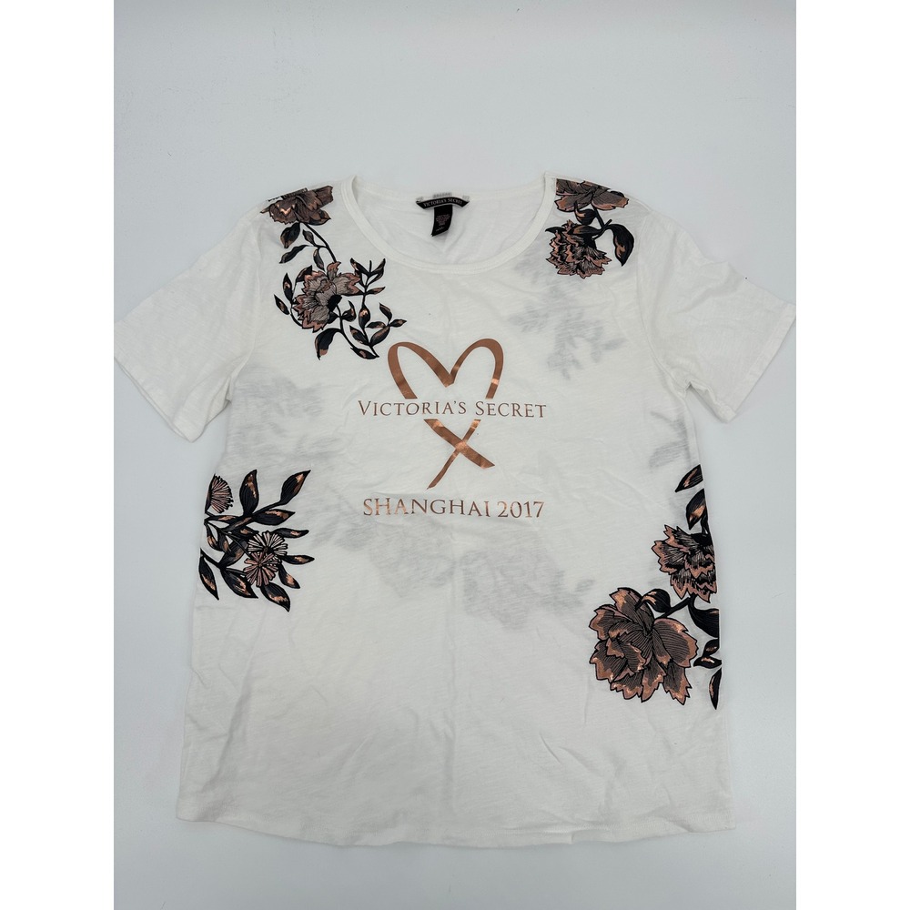 Victoria's Secret Shanghai 2017 Floral Print White T Shirt Top‎ Women's L